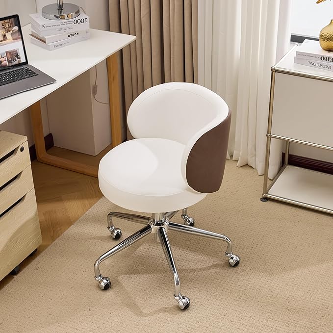 VINGLI Cute Small Swivel Desk Chair Comfy with Wheels,Ergonomic Low-Back Lumbar Support Vanity Nail Tech Rolling Task Stool Chair for Home Office,Height Adjustable,PU Leather White&Suede Khaki