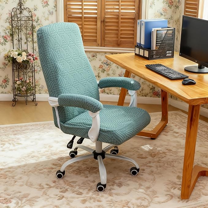 FORCHEER Large Office Chair Cover with Armrest Cover Sage Green Jacquard Patterned Stretch Computer Chair Covers with Long Arm Rest Slipcovers Washable