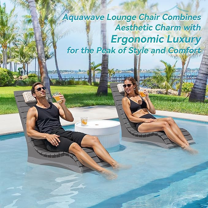Pool Lounge Chairs Set of 4, Use in Pools Lounge Chairs up to 10-Inches of Water, Chaise Chairs with Headrest, Lounge Chair Outdoor, Fade-Resistant Pool Lounger for Deck