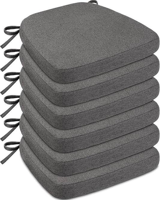Sunsleek Chair Cushions for Dining Chairs, D-Shaped Seat Cushions with Removable Washable Cover and Ties, Chair Pads for Kitchen, Indoor Dining Room, Patio Chairs, 17'' x 16'', Set of 6, Dark Grey