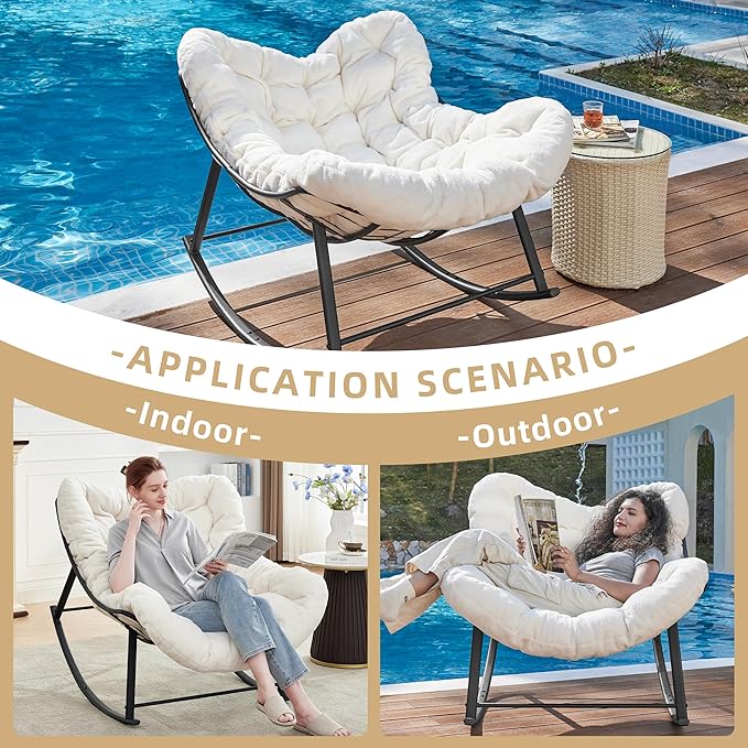 Oversized Rocking Chair Indoor, Papasan Rocking Chair Outdoor, Lounge Chair with Cushion, Patio Egg Rocker Chairs, Comfy Reading Chairs for Bedroom, Living Room, Garden, Lawn, White