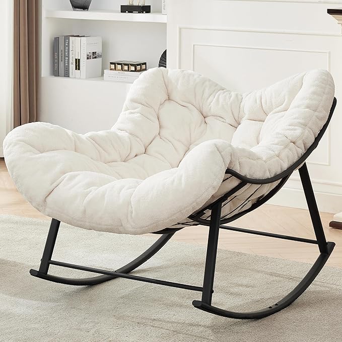 Oversized Rocking Chair Indoor, Papasan Rocking Chair Outdoor, Lounge Chair with Cushion, Patio Egg Rocker Chairs, Comfy Reading Chairs for Bedroom, Living Room, Garden, Lawn, White