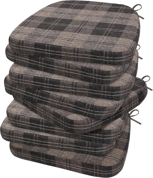 AAAAAcessories D-Shaped Chair Cushions, 2" Thick Dining Chair Pads with Ties and Removable, Machine-Washable Cover, 17" x 16", Set of 8, Brown Checkered