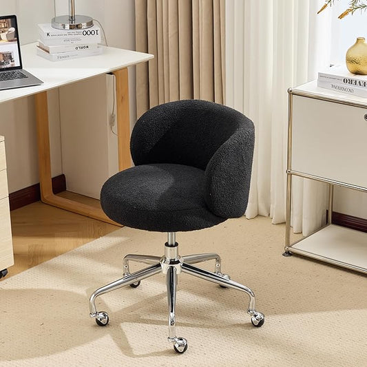 VINGLI Cute Small Swivel Desk Chair Comfy with Wheels,Ergonomic Low-Back Lumbar Support Vanity Nail Tech Rolling Task Stool Chair for Home Office,Height Adjustable,Teddy Fleece,Black