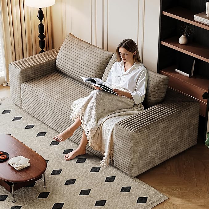 JINGLING 63" Small Couches for Small Spaces, Comfy Boneless Couch in a Box, Love Seat Compressed Sofa for Living Room Bedroom, Apartment Furniture, No Assembly, Corduroy, Camel