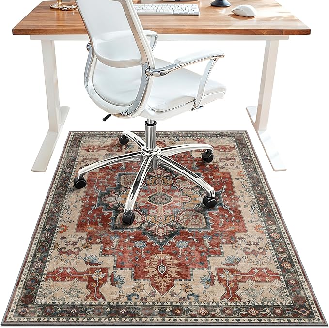 48"x72" Office Chair Mat for Hardwood Tile Floor, Under Desk Carpet Protector for Rolling Computer Chair Mat, Machine Washable Area Rug, Anti-Slip 1/5" Thick Low Pile Thin Vinyl Floor Mat, Annatto