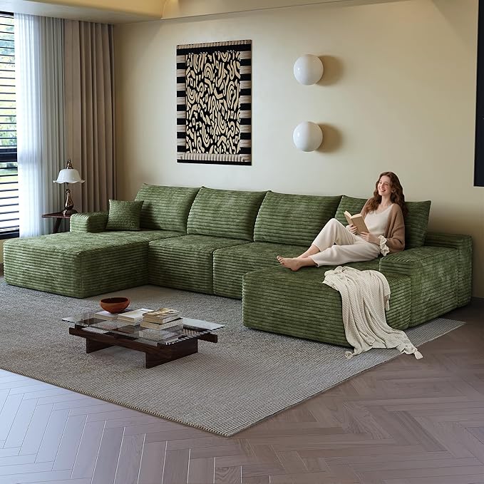 135" U Shaped Sectional Couch with Ottoman, Large Sectional Couches for Living Room, Plush Corduroy Convertible Sleeper Sofa, Compressed Foam Sofa in a Box No Assembly, Left Facing Chaise, Green