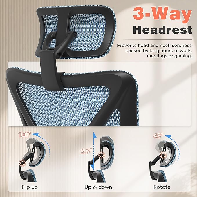 GABRYLLY Ergonomic Office Chair - 135° Reclining Desk Chair with Adjustable Lumbar Support, 3D Armrest, Large Headrest & Heavy Duty Steel Base, 300LBS Mesh Task Chair, Navy Blue