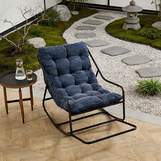 Rocking Chair with Foot Rest, Outdoor Indoor Rocking Lounge Chair with Cushion, Comfortable Patio Rocker Chairs for Patio, Porch, Garden, Living Room, Reading, Metal Frame, Navy Blue