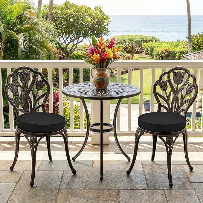 Outdoor Round Chair Cushions 15 Inch, Fade-Resistant & Water-Resistant, Bistro Chair Seat Pads for Porch Garden Balcony Patio Furniture Stools, Non-Slip Bottom, Set of 2, Black