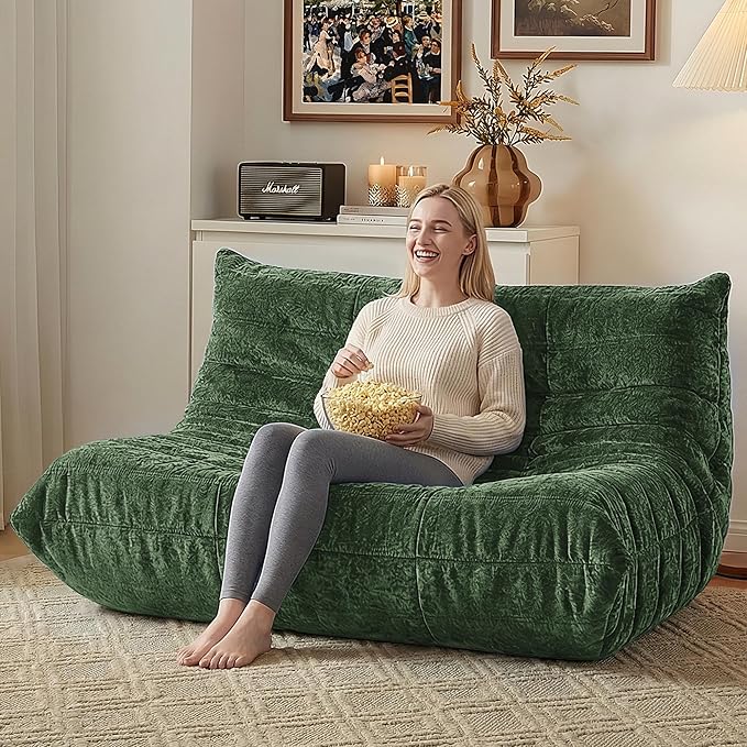 HABUTWAY Bean Bag Chair, Giant Bean Bag Chairs for Adults, Loveseat Fireside Chair, 2 Seater Lazy Bean Bag Sofa Memory Foam Couch for Living Room, Bedroom, Office (Green)