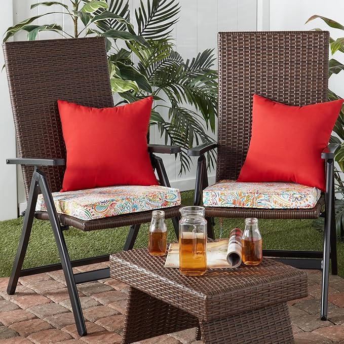 Outdoor 18 inch Square Patio Dining Chair Pads – Comfortable Fiber-Filled Seat Cushions with Ties, Reversible Polyester Fabric - Jamboree Paisley, Set of 4