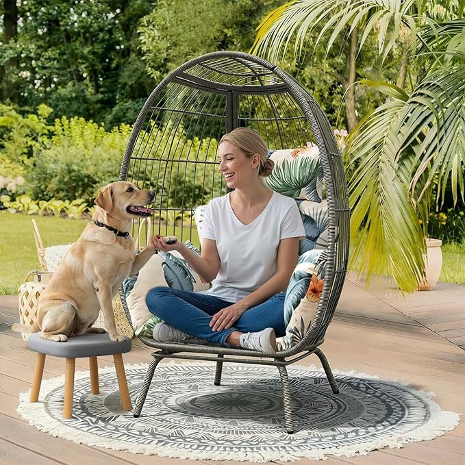 Floral Egg Chair Cushion Hanging Basket Hammock Seat Cushion Thick Soft Egg Swing Chair Pad with Headrest for Indoor Outdoor White Green