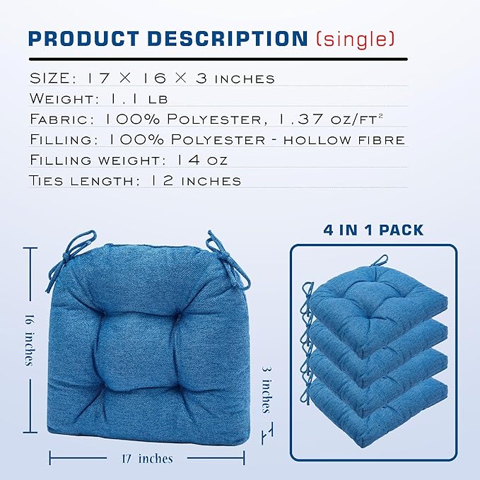 SQUARE MOON D-Shaped 3" Thick Chair Cushions, Chair Pads for Dining Chairs and Kitchen Chairs, Indoor Dining Room Seat Cushions with Ties, Machine Washable, 17" x 16" x 3", 4/Pack, Blue