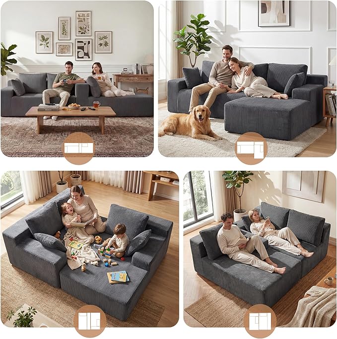 GRUSIGN Cloud Sectional Boneless Couches for Living Room, Modular L Shaped Couch with Deep Seat Oversized Right Facing Chaise, Memory Foam Compressed Spineless 3 Seater Sofa, Grey | No Assembly Required, Deep Seat, Cat-Claw Resistant, High-Resilience F...