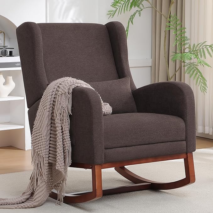 HCHAIRH Rocking Chair Nursery with Foot Rest, Wingback Nursery Rocking Chairs, Nursing Glider Rocker Chair with Pillow and High Back for Nursery, Living Room, Bedroom, Coffee