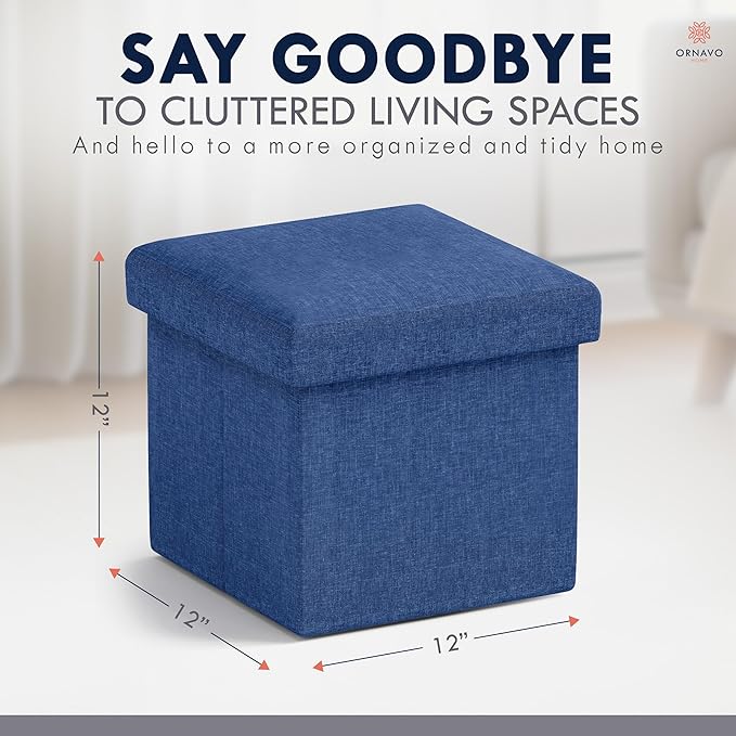 Ornavo Home Small Storage Ottoman Foldable Collapsible Cube Square Linen Ottoman Foot Rest Stool Seat, for Living Room, Bedroom, Home Office, Dorm - 12 x 12 x 12, Navy Blue