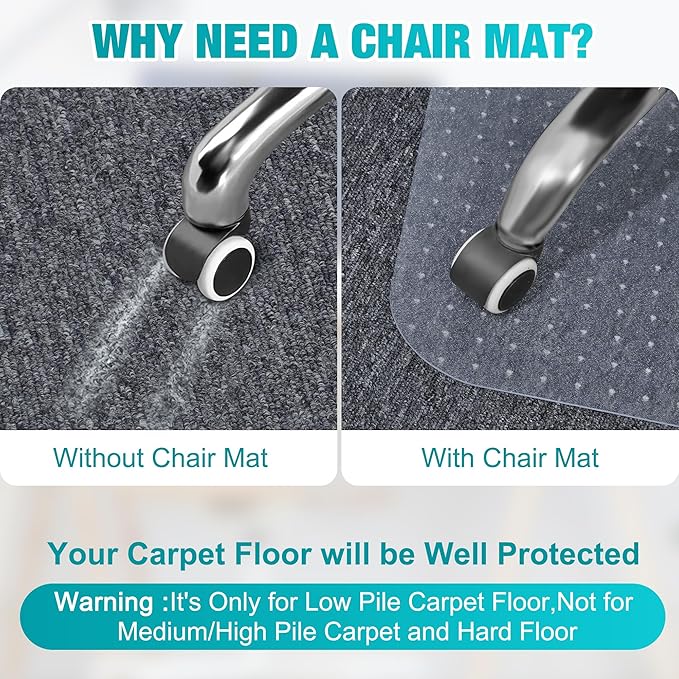 Office Chair Mat for Carpets, 48"x 36" Heavy Duty Clear Plastic Floor Protector, Non-Slip Computer Desk Chair Mat for Low Pile Carpeted Floors, Smooth Rolling Carpet Chair Mat for Home Office