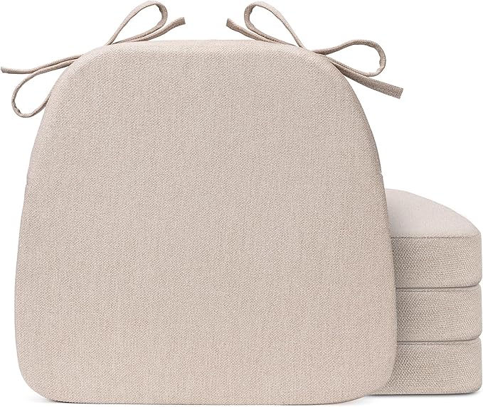 Sunsleek Chair Cushions for Dining Chairs, D-Shaped Seat Cushions with Removable Washable Cover and Ties, Chair Pads for Kitchen, Indoor Dining Room, Patio Chairs, 17'' x 16'', Set of 4, Beige