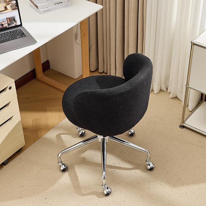 VINGLI Cute Small Swivel Desk Chair Comfy with Wheels,Ergonomic Low-Back Lumbar Support Vanity Nail Tech Rolling Task Stool Chair for Home Office,Height Adjustable,Teddy Fleece,Black