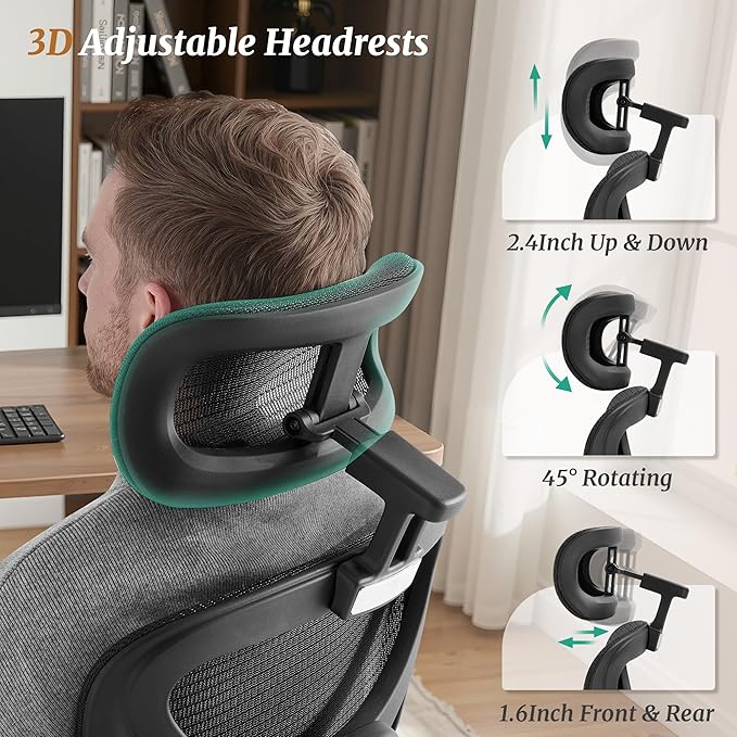 Cozyman Ergonomic Office Chair with Footrest - 5-Level Adjustable Lumbar Support & 90-135°Recline, 3D Headrest & 4D Armrests, Breathable Mesh Seat Computer Chair for Home Office, Gaming, Black