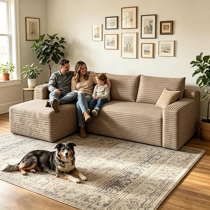 94" Camel Boneless Couch with Left Facing Chaise for Living Room, Corduroy L-Shaped Sectional Couches,Compressed Memory Foam Cloud Sofa,No Assembly Required,Camel