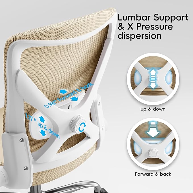 Ergalithic Office Home Ergonomic Desk Chair-Computer X-Shaped Chair Mesh PU Leather with Adjustable Lumbar Support-Executive Chair High Back Flip-Up Arms for Long Hours (Khaki-No Headrest)