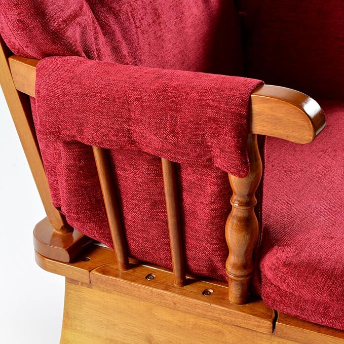 Glider Rocking Chair with Ottoman Set, Solid Wood Nursery Glider Rocker with Thick Padded Cushion, High Back Upholstered Swivel Glider for Living Room, Nursing, Reading, 280LBS Weight Capacity,Oak+Red