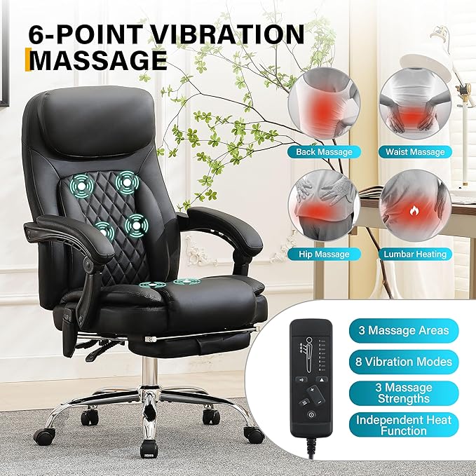 6-Point Massage Office Chair with Heated, Ergonomic Office Chair with Footrest & 45°Reclining High Back, Big and Tall Executive Office Chair 500LBS, Thick Cushion Desk Chair for Home Office, Black(PU)