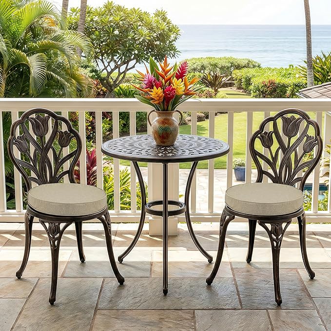 Outdoor Round Chair Cushions 15 Inch, Fade-Resistant & Water-Resistant, Bistro Chair Seat Pads for Porch Garden Balcony Patio Furniture Stools, Non-Slip Bottom, Set of 2, Natural