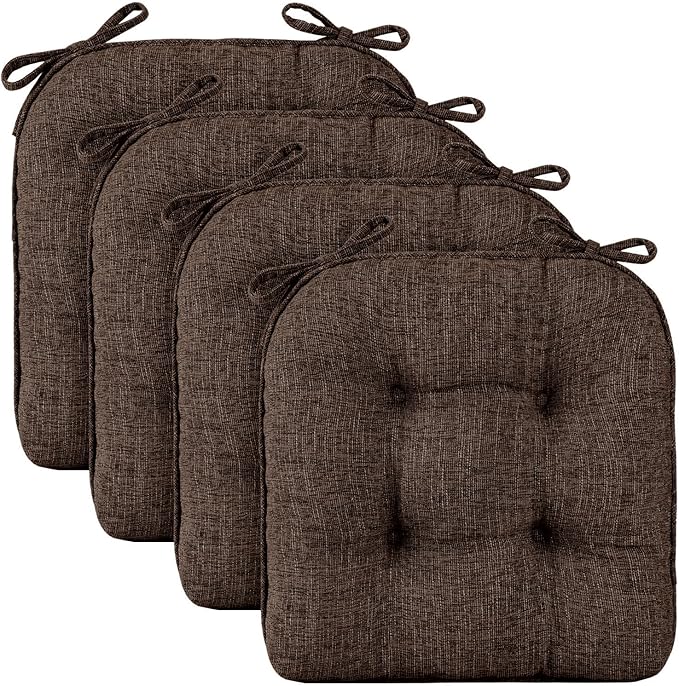 Wellsin Chair Cushions for Dining Chairs, Non-Slip Kitchen Chair Pads with Ties, Tufted Shredded Foam Kitchen Chair Cushions Set of 4, 15.5" X 15.5", Brown