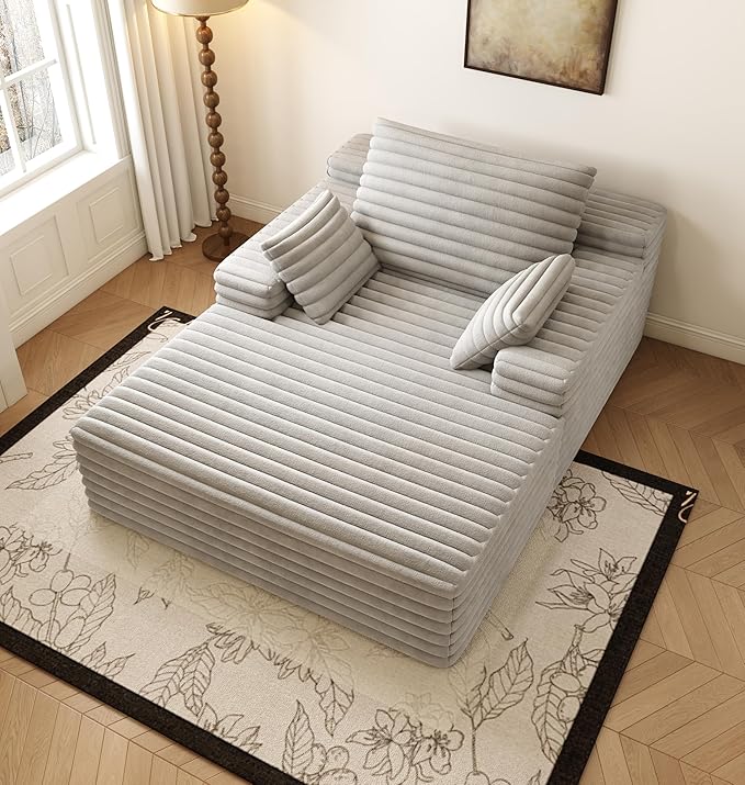 62.6" Oversized Chaise Lounge Chair for Bedroom Living Room, Boneless Sofa Couch Sleeper Bed, Memory Foam Cloud Couches with Throw Pillows, No Assembly, Plush Corduroy, Grey
