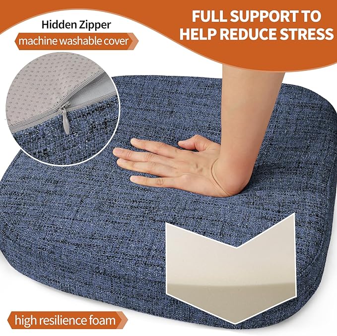 SINOSSO Chair Cushions for Dining Chairs, Soft Blended 2.5" High Density Support Foam Kitchen Seat Cushions with Ties, U-Shaped Non-Slip Indoor Chair Pads, 16.5" x 16", 4 PCS, Blue