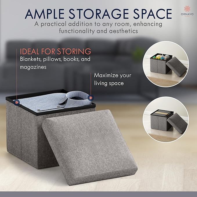 Ornavo Home Small Storage Ottoman Foldable Collapsible Cube Square Linen Ottoman Foot Rest Stool Seat, for Living Room, Bedroom, Home Office, Dorm - 12 x 12 x 12, Dark Gray