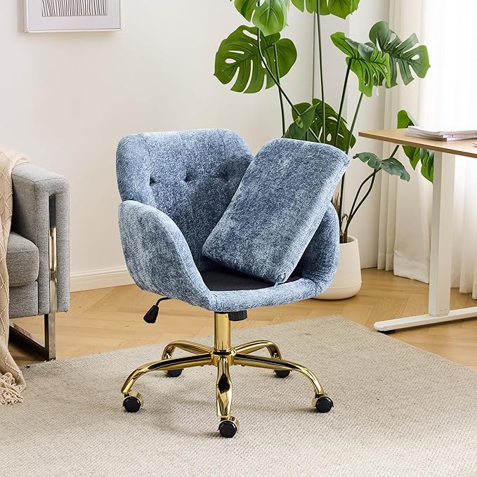 VINGLI Comfy Fuzzy Vanity Chair, Swivel Makeup Chair with Wheels, Upholstered Height Adjustable Armchair with Gold Base, Modern Ergonomic Desk Chair for Bedroom, Home Office, Blue