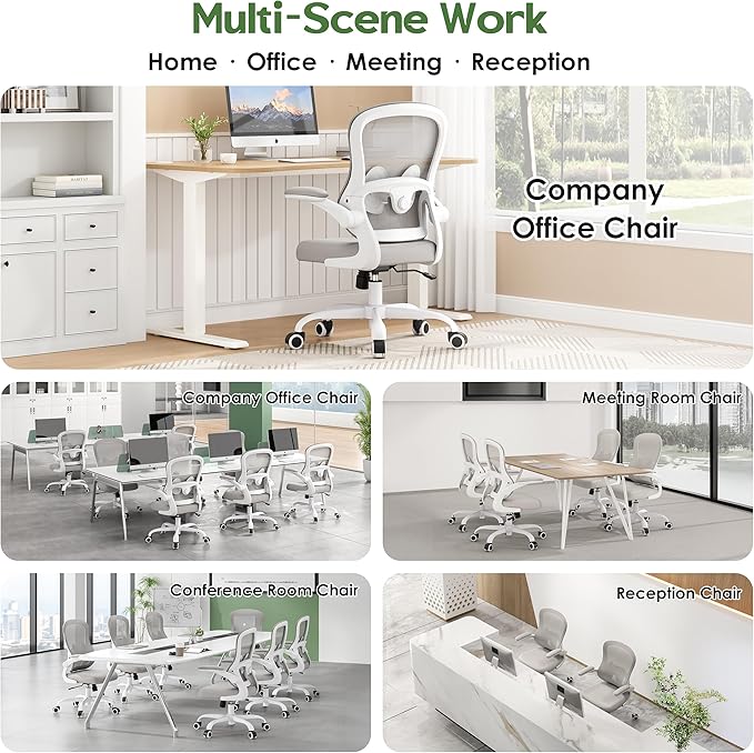 Office Chair Ergonomic Desk Chair - Mesh Comfy Home Desk Office Chairs with Wheels Adjustable Lumbar Support Flip up Armrest Executive Rolling Swivel Teacher Task Computer Chair Light Gray