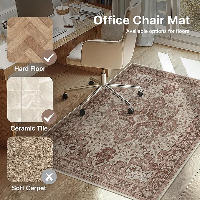 36"x48" Office Chair Mat for Hardwood Tile Floor, Under Desk Carpet Protector for Rolling Computer Chair Mat, Machine Washable Area Rug, Anti-Slip 1/5" Thick Low Pile Thin Vinyl Floor Mat, Brown Red