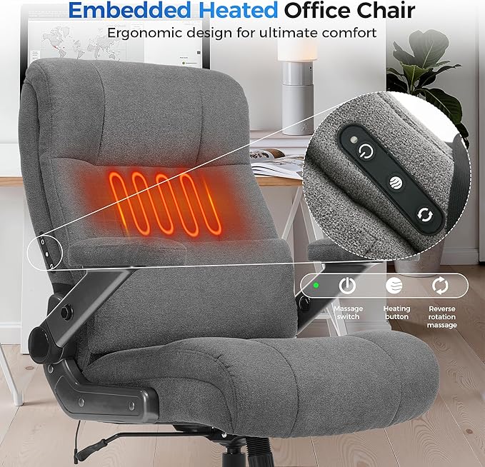 600LBS Big and Tall Massage Office Chair, Extra Wide Seat - 3D Kneading Massage & Heat Office Chair with Heavy Duty Metal Base, 3D Flip Arms, Fabric Ergonomic with Thick Spring Cushion