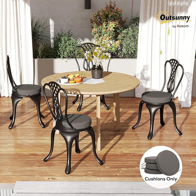 Outsunny Outdoor Bistro Chair Cushions Set of 4 with Machine Washable Cover, 15" x 15" x 3" Thick Round Seat Cushions for Patio Furniture with Ties, Chair Pads for Dining Chairs, Dark Gray