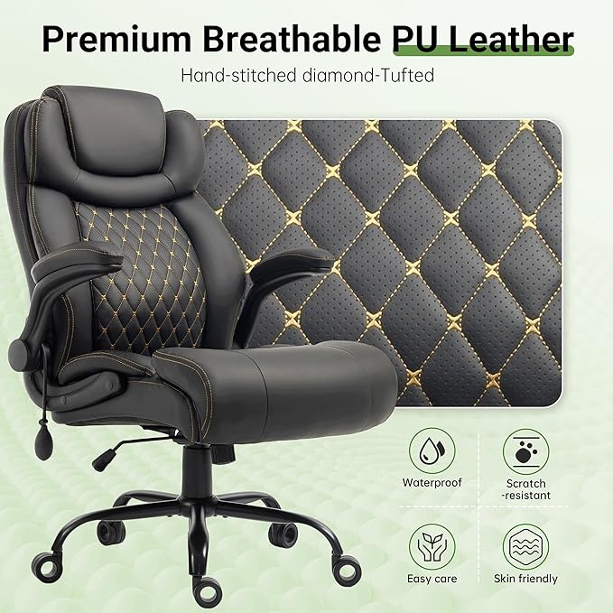 Office Chair, Big and Tall Executive Chairs with Lumbar Support for Back Pain, Breathable Desk Computer Chair with Adjustable Flip-up Armrests, Wide Cushion Swivel Home Office Chair Black PU