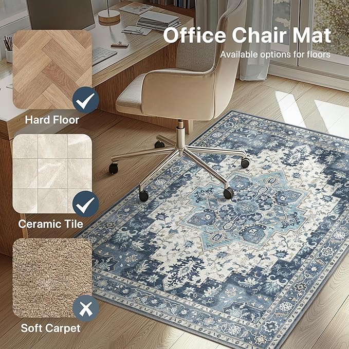 48"x60" Office Chair Mat for Hardwood Tile Floor, Under Desk Carpet Protector for Rolling Computer Chair Mat, Machine Washable Area Rug, Anti-Slip 1/5" Thick Low Pile Thin Vinyl Floor Mat, Navy