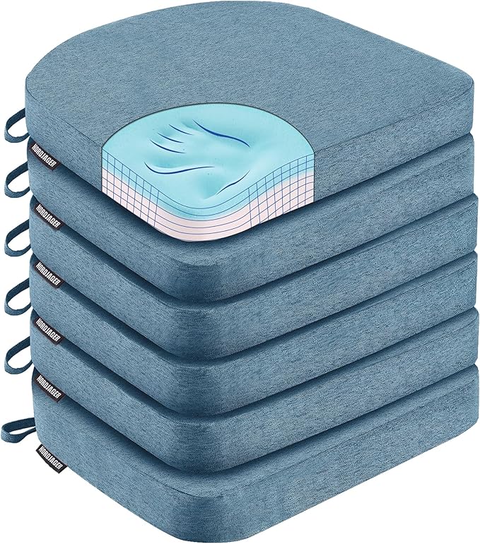 Nordjager Dining Chair Cushions Set of 6 Memory Foam Chair Cushion, Comfortable Dining Chair Pad Removable Slip Resistant Kitchen Chair Seat Cushion (6 Piece, Blue)
