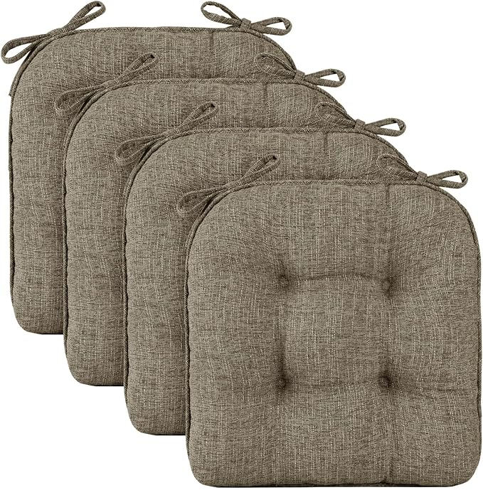 Wellsin Chair Cushions for Dining Chairs, Non-Slip Kitchen Chair Pads with Ties, Tufted Shredded Foam Kitchen Chair Cushions Set of 4, 15.5" X 15.5", Khaki