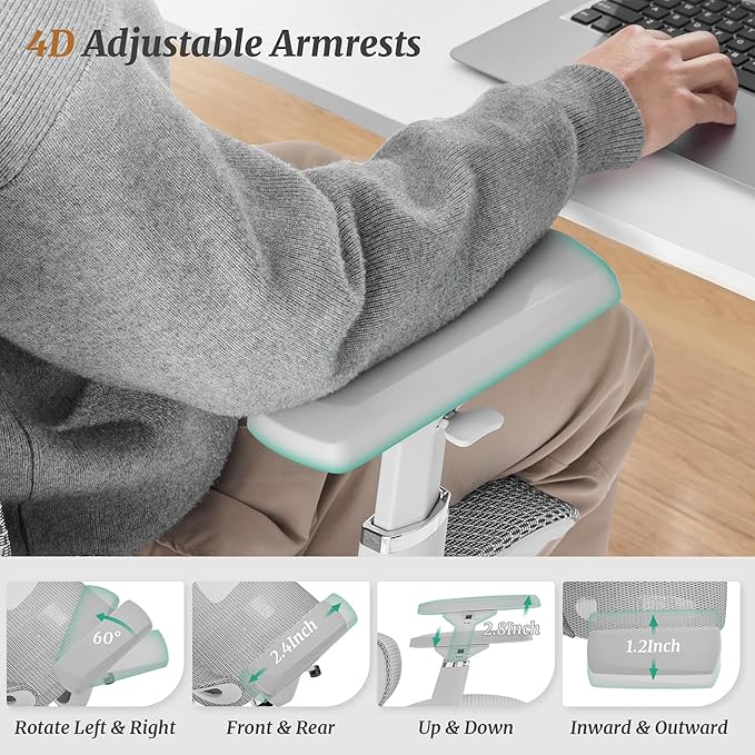 Cozyman Ergonomic Office Chair with Footrest - 5-Level Adjustable Lumbar Support & 90-135°Recline, 3D Headrest & 4D Armrests, Breathable Mesh Seat Computer Chair for Home Office, Gaming, Light Grey