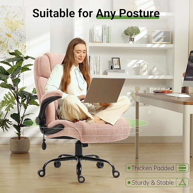 Office Chair, Big and Tall Executive Chairs with Lumbar Support for Back Pain, Breathable Fabric Desk Computer Chair with Adjustable Flip-up Armrests,Wide Cushion Swivel Home Office Chair Black,Pink