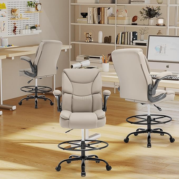 500LBS Drafting Chair, High Back Safer Standing Desk Chair, Executive Tall Office Chair with Flip-up Armrests, Upholstered PU Leather Task Chair, Ergonomic Seat with Adjustable Height&Foot Ring,Beige