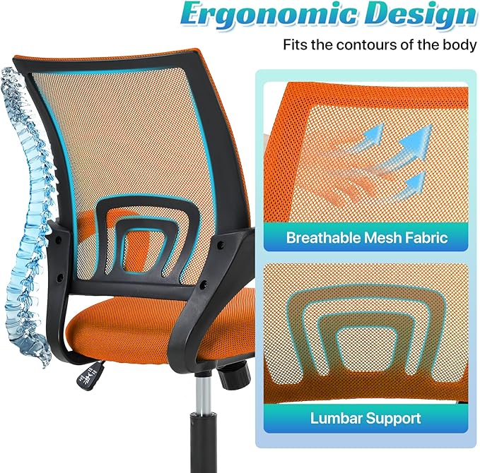 Ergonomic Office Chair Mesh Mid Back with Lumbar Support Armrest, Adjustable Home Desk Chair Comfy Computer Task Drafting Rolling Swivel Chairs for Gaming, Home Work, Study, Orange