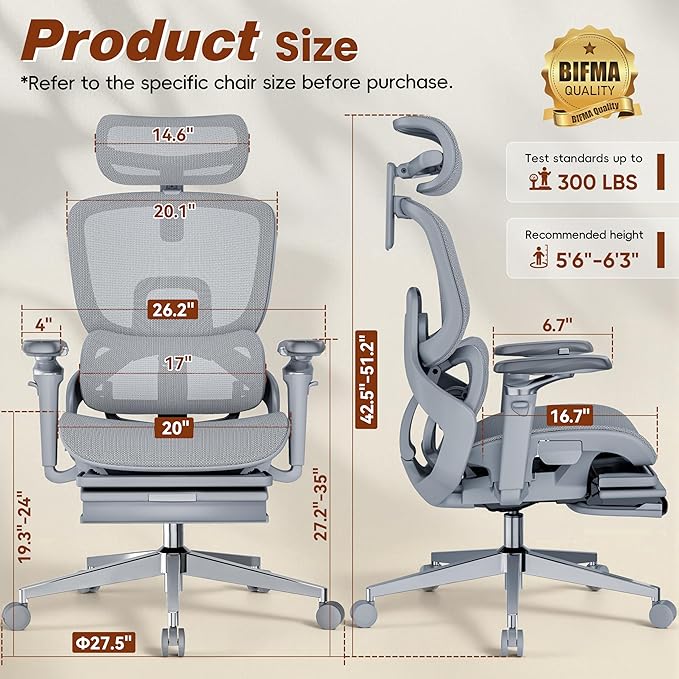 GABRYLLY Ergonomic Mesh Office Chair with Footrest - Big and Tall Desk Chair with 5-Level Adjustable Back Support, Comfy Sliding Seat, 3D Headrest, 4D Armrest, 150° Tilt Computer Executive Chair