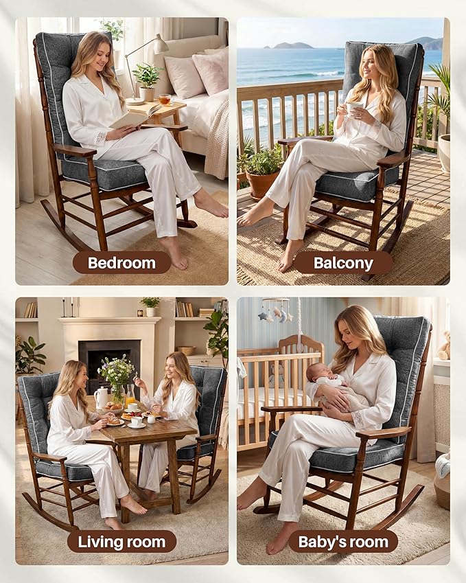 Rocking Chair Cushions Indoor, 5-inch Thicken Seat Cushion with Memory Foam Non-Slip Tufted Chair Pads Set of Seat & Back Cushion for Outdoor Rocker Living Room, Dark Grey, 28x18x5/18x18x5