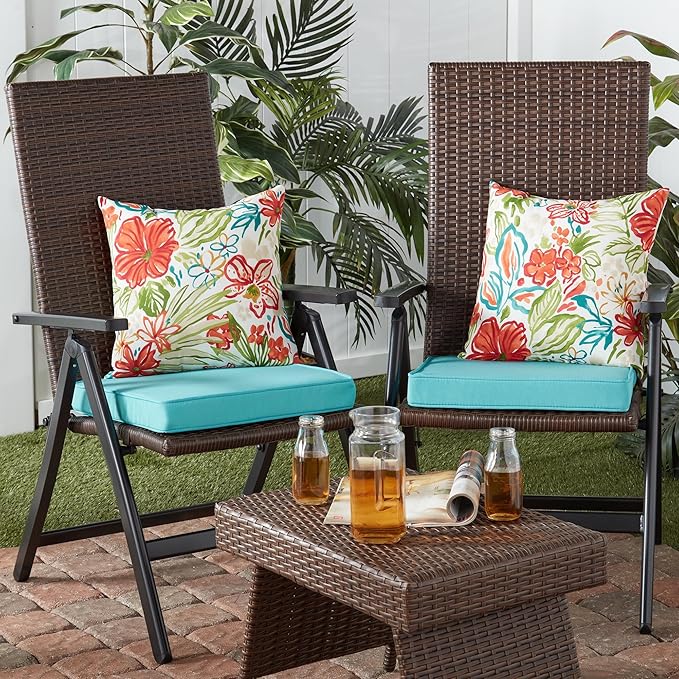 Outdoor 18 inch Square Patio Dining Chair Pads – Comfortable Fiber-Filled Seat Cushions with Ties, Reversible Polyester Fabric - Teal, Set of 4